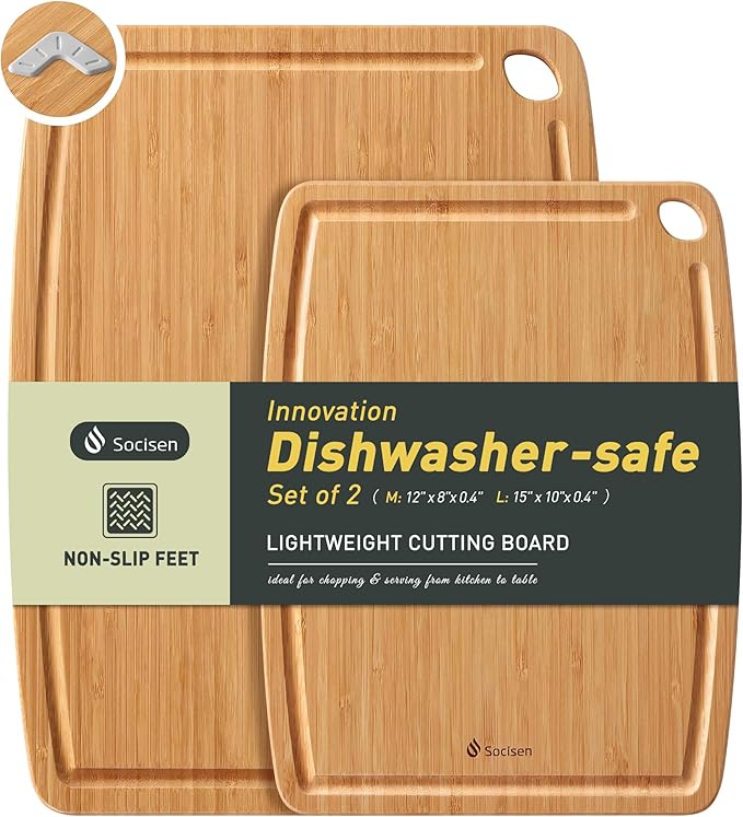 Lightweight Durable Bamboo Cutting Board Set with Non-Slip Feet, Wooden Cutting Boards for Busy Kitchen, Easy Storage & Clean Wooden Chopping Boards with Juice Groove Set of 2 (M+L)
