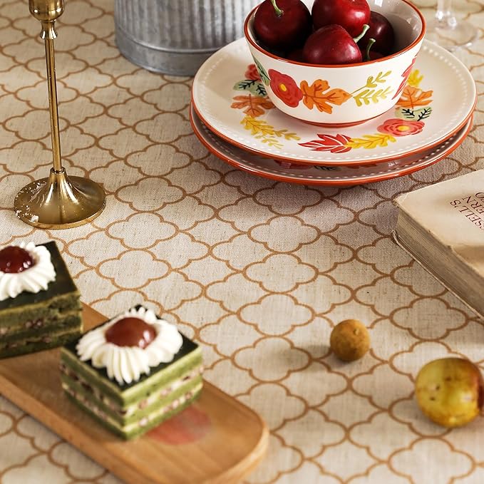 French Rectangle Tablecloth,Floral Linen Table Cloth with Flaxen and Red Undertones,Heavy Durable Table Cover for Dining Thanksgiving Kitchen Decor Party Banquet Christmas,55"*71"