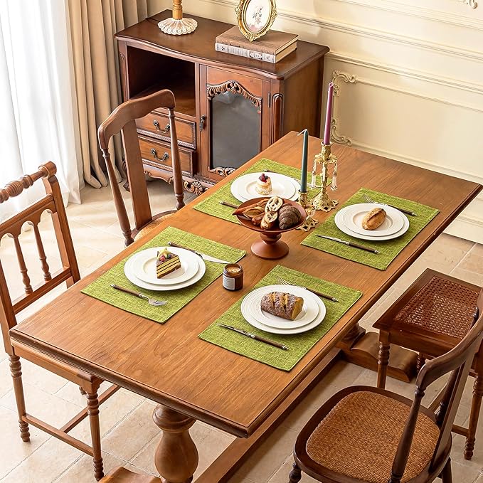 KXN Placemats Set of 8, Dual-Layer Thickened Faux Linen Table Mats, Heat Resistant & Wrinkle-Free, Machine Washable Cloth Place Mats for Kitchen Dining Indoor Outdoor (Green)