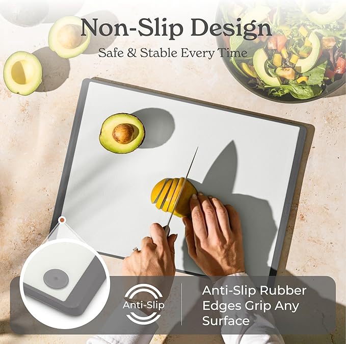 SMIRLY Plastic Cutting Board Set 3 Pieces, Non-Slip Dishwasher Safe Chopping Boards for Kitchen, Grey & White