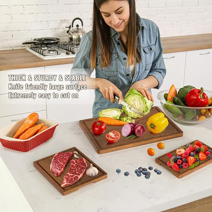 Acacia Wood Cutting Boards Set of 3 for Kitchen, Large Wooden Cutting Board with Juice Groove, Charcuterie Board, Chopping Board for Meat, Cheese, Fruits(17x12, 12x10, 12x7 inch)