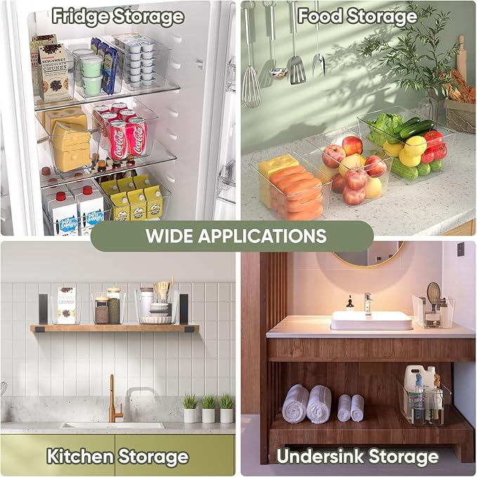 BALEINE Clear Plastic Storage Bins, Pantry Organization, BPA Free Stackable Refrigerator Organizers and Storage with Handles for Kitchen Fridge Cabinet Bathroom (4PK, 13x7.4x6.2)