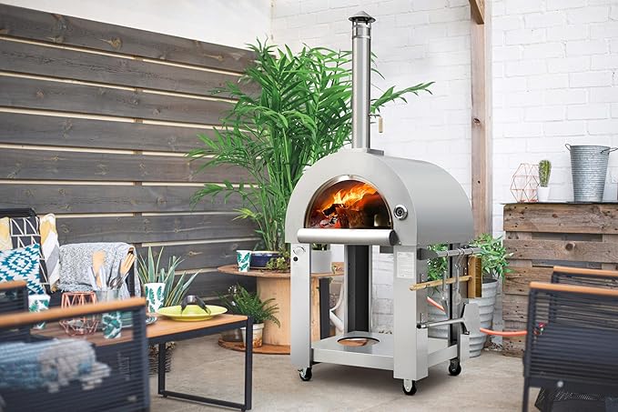 32.5 inch Wood Fired and Propane Gas Pizza Oven for Outdoor Kitchen in Stainless Steel, Large Pizza Oven for Outside, Yard and Party (Blue with Cover)