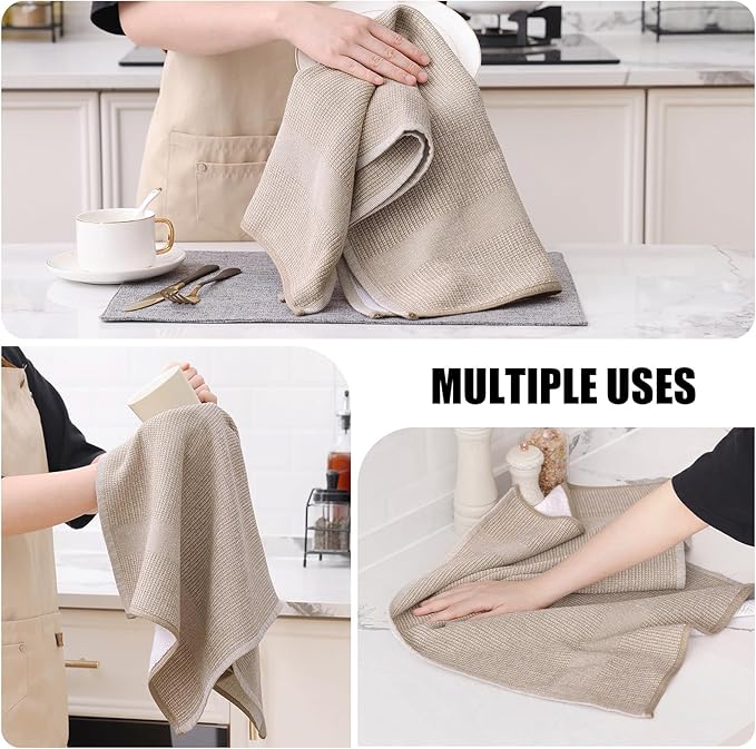 Homaxy Premium Kitchen Towels(18”x 28”, 12 Pack), Large Cotton Kitchen Hand Towels, Flat and Terry Dish Towels, 380 GSM Highly Absorbent Tea Towel Set with Hanging Loop, Khaki