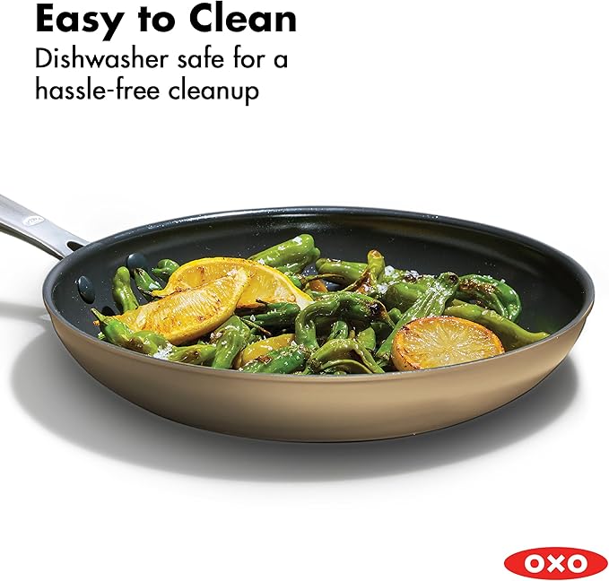OXO Enhanced 10” Nonstick Frying Pan Skillet, Ceramic PFAS-Free Cookware, Stainless Steel Handle, Eggs & Omelets, Dishwasher & Oven Safe, Biscuit Brown