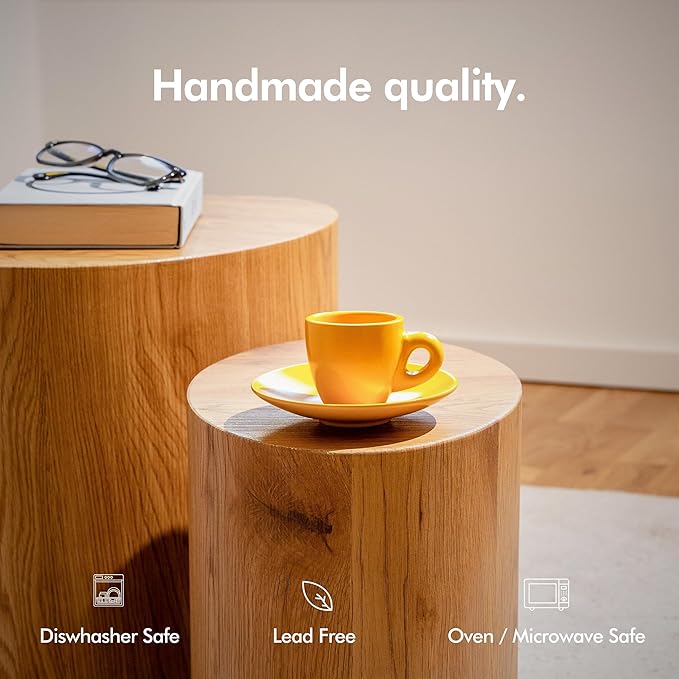 KIVY Espresso Cups Set of 4 [Set 4x 3oz]- Espresso Set Thick Walled Stoneware Espresso Cup Set - Italian Style Espresso Cups and Saucers - Espresso Mugs - Demitasse Cups and Saucers Sets - Yellow