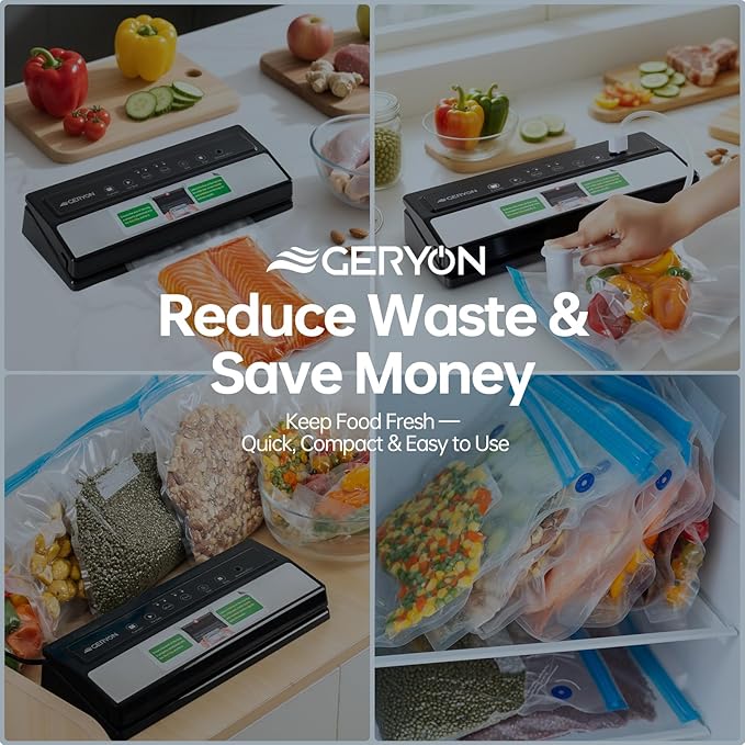 GERYON Vacuum Sealer Machine – Automatic Food Vacuum Sealer for Dry & Moist Food, Compact with LED Touch Panel, Includes Zipper Bags & Roll, Perfect for Sous Vide & Freezer Storage (Silver)