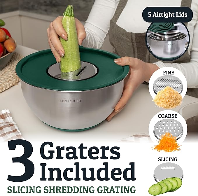 Priority Chef Stainless Steel Mixing Bowls with Lids Set, Metal Nesting Bowls with Airtight Lids, Graters, Non-Slip Base & Measurement Marks, Includes Utensil Set for Prep, Baking & Storage, Green