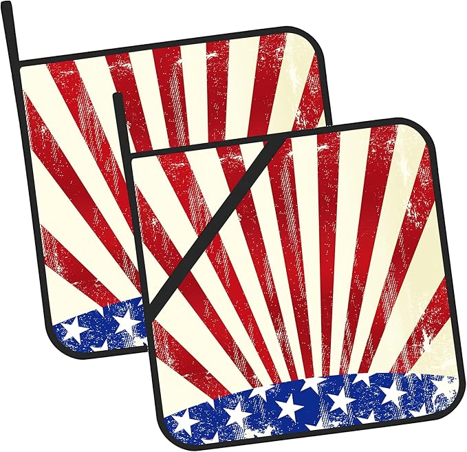 4th of July Grunge American Flag Pot Holders Set of 2 Oven Hot Pads Pot Holders for Cooking Baking BBQ Gifts for Women