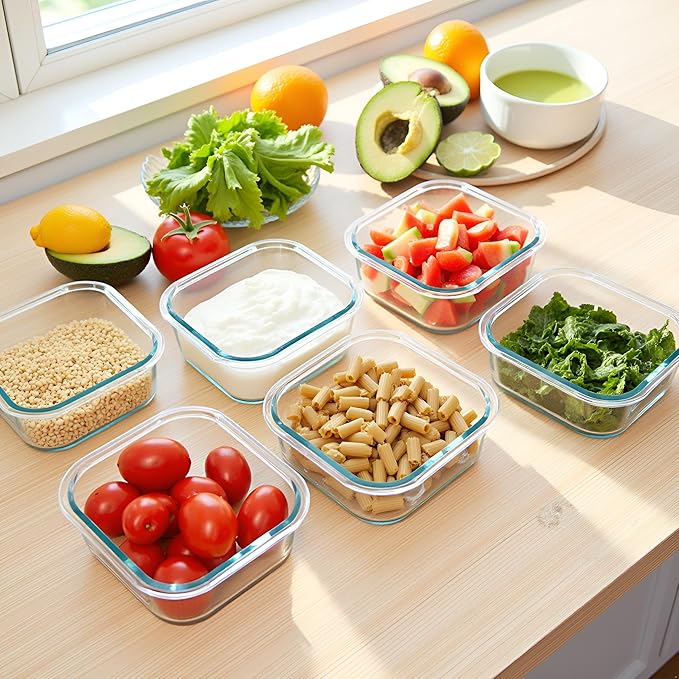 2 Cup Square Glass Food Container with Airtight Lids, Small Glass Square Meal Prep Containers, BPA free 16oz Food Bowls For Soup Snack fruit, Microwave, Dishwasher, Freezer Safe (4 color)