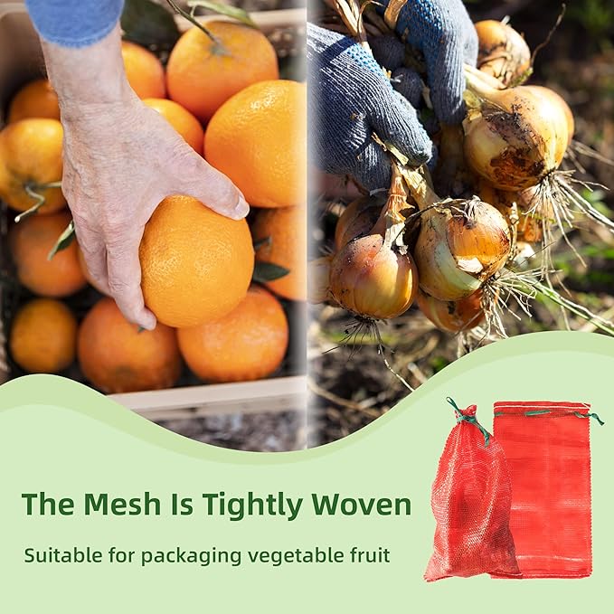 10 lb Mesh Onion Bags 100pcs, 11"×18" Mesh Produce Bags Hanging Reusable Breathable Vegetable Storage Net Bag with Drawstring for Onions Potatoes Citrus Crawfish, Red (Pack of 100)