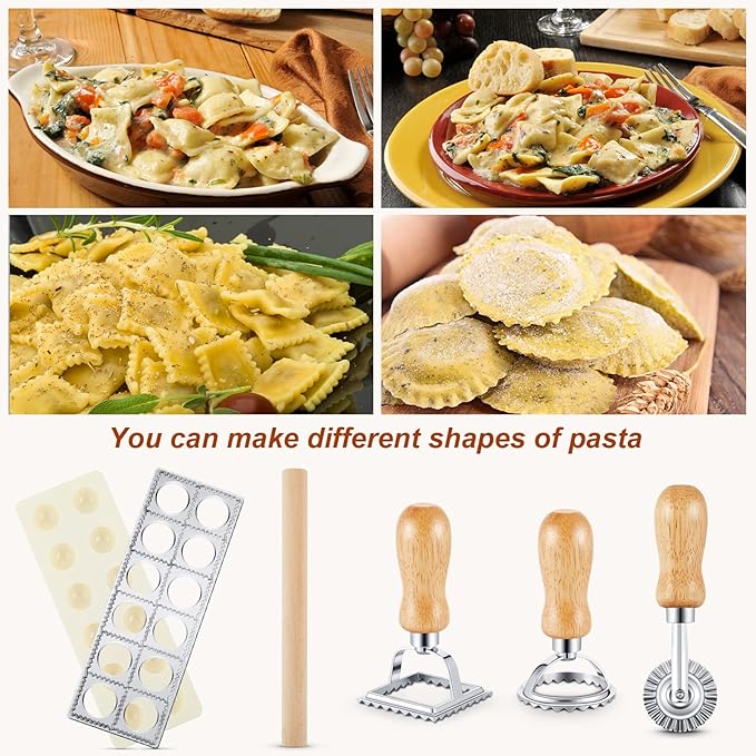 Geetery 5 Pcs Ravioli Mold Set 2 Inch Squares Ravioli Maker Cutter Include 1 Raviolis Maker Press 3 Pasta Cutter Stamp Makers 1 Wood Rolling Pin Pasta Making Tool for Home Kitchen Supplies (12 Holes)