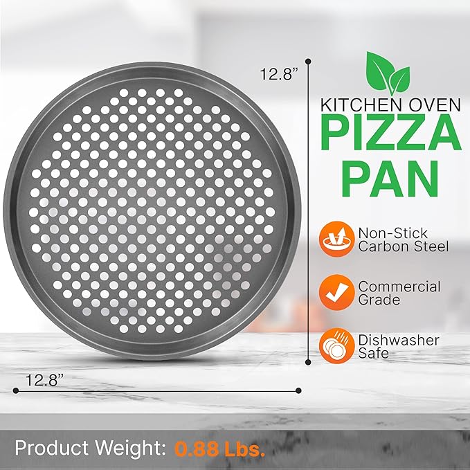 NutriChef 12.8 Inch Nonstick Pizza Pan for Oven - Carbon Steel Pizza Baking Tray with Airflow Holes - Premium Bakeware for Fresh & Frozen Pizza, Dishwasher Safe - Gray