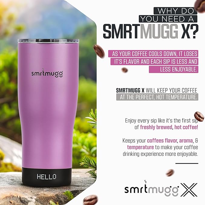X Heated Coffee Mug 19 oz., 8 Hour Battery Life, Self-Heating, Adjustable Temp Controlled, LCD Screen, Includes Cover with Magnetic Slider (Black) (Lilac)