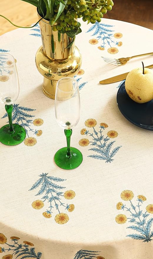 French Tablecloth for Round Tables,Linen Table Cloth with Yellow Flowers and Leavs Pattern,Heavy Durable Table Cover for Dining Thanksgiving Kitchen Decor Party Christmas,Diameter 67"