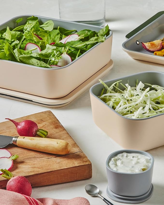 Caraway 3pc Glass Food Storage Set - 10, 6.6, & 4.4 Cup Containers - Ceramic Coated - Non-Toxic Non-Stick Lunch Box With Glass Lids - Dishwasher, Oven, & Microwave Safe - Gray