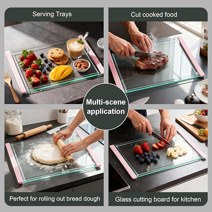 Tempered Glass Cutting Board Set for Kitchen Counter - Dishwasher Safe with Juice Grooves, Non-Slip Silicone Edges & Beveled Grip - 16"x12" & 12"x8" Serving Tray (Pink)