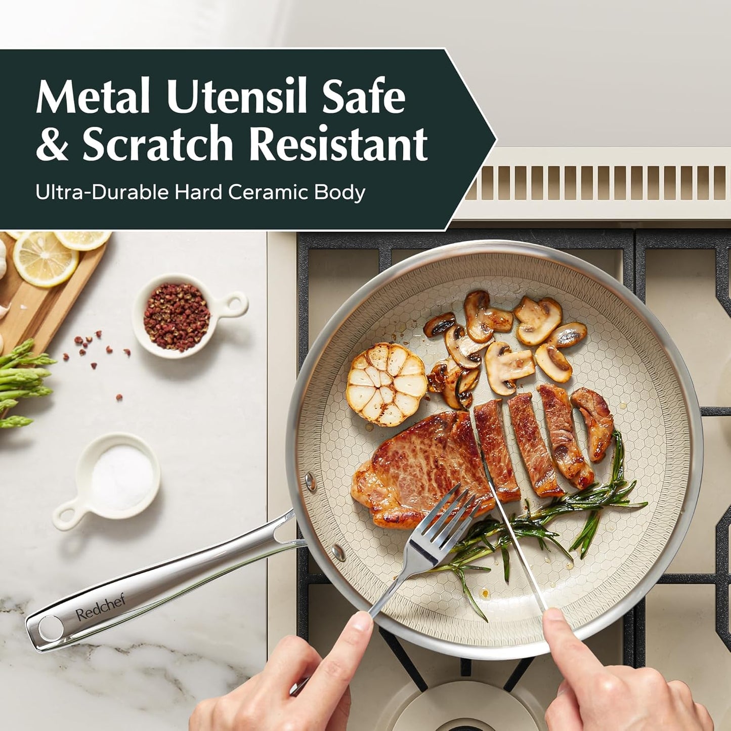 Redchef Non Stick Frying Pans, Hybrid 12 Inch Ceramic Frying Pan, Tri-Ply Stainless Steel Skillet, Non Toxic, PFAS PFOA & PTFE Free, Dishwasher & Oven Safe, Compatible with All Cooktops