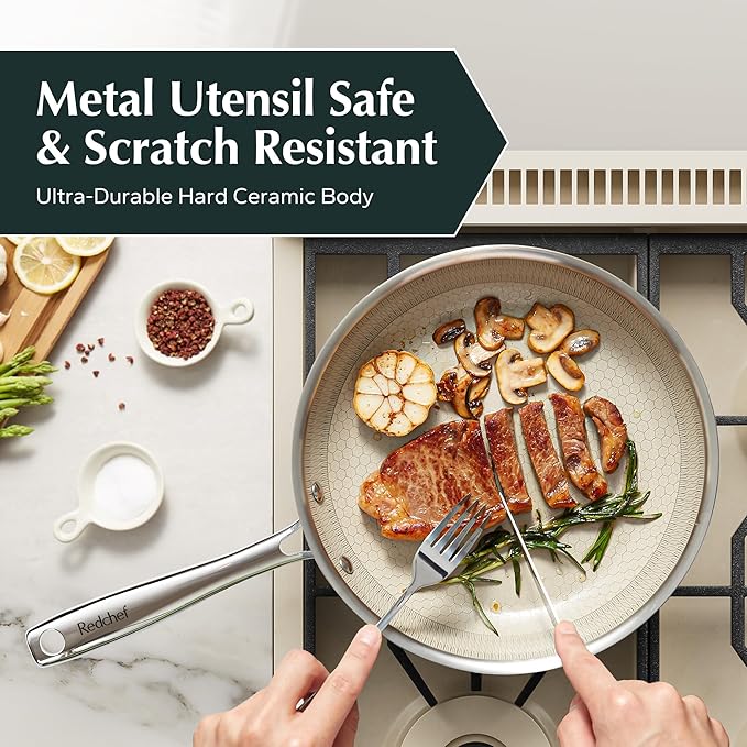 Redchef Hybrid Ceramic Non Stick Fry Pan Set 2 Piece, 9.5, 11 Inch, Kitchen Frying Pans, Skillet Tri-Ply Stainless Steel & Aluminum, All Cooktops