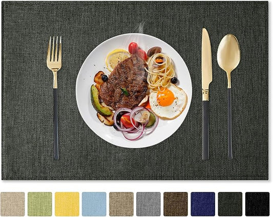 Romanstile Cloth Placemats Set of 8-12 x 18 Inch, Heat Resistant Double Layered Thickened Burlap Place Mats, Washable Faux Linen Farmhouse Table Mats for Kitchen/Dining/Party/Outdoor, Dark Grey