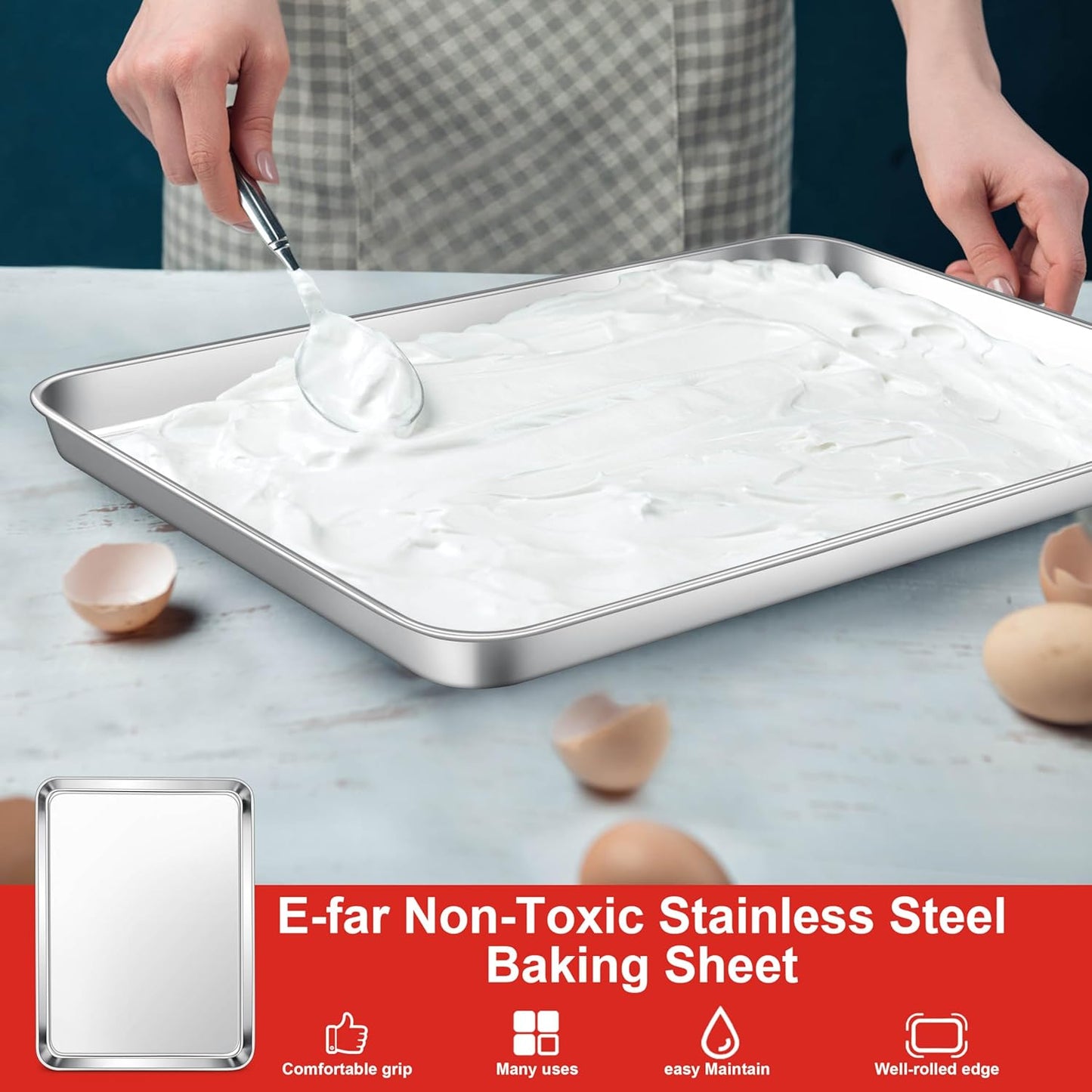 E-far Cookie Sheets Set of 3, 18”x13” Stainless Steel Baking Sheet Pans for Oven, Large Non Toxic Metal Baking Tray for Baking Roasting, Healthy & Rust Free, Mirror Finish & Dishwasher Safe