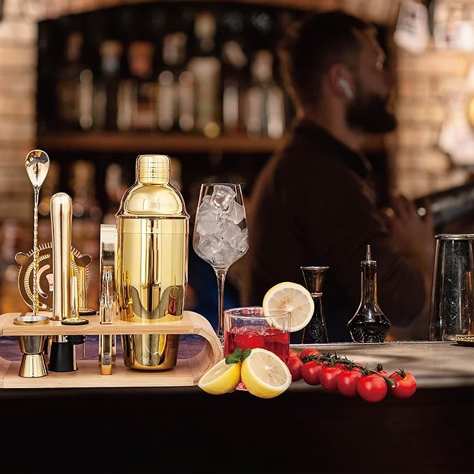 10-Pcs Martini Cocktail Shaker Set Gold,Martini Set Stainless Steel Shakers Bartending kit 25oz Bar Kits Bar Tool Sets for Professional Bartender and Home