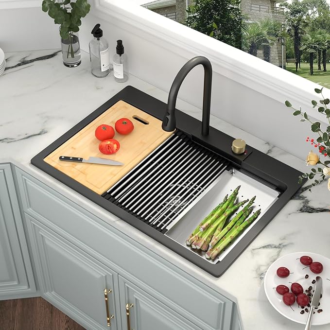 Kichae 33 Kitchen Sink Drop In Waterfall - 33"x22" Black Granite Quartz Composite Smart Single Bowl Waterfall Workstation with Pull Down Faucet Combo