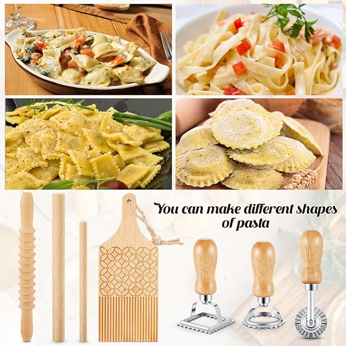 Tioncy 7 Pcs Pasta Making Tool Set Wood Gnocchi Board with Ravioli Stamp Ravioli Maker and Rolling Pin Homemade Gnocco Maker Kitchen Gift for Christmas Baking Lovers(Pattern Gnocchi Board Set)