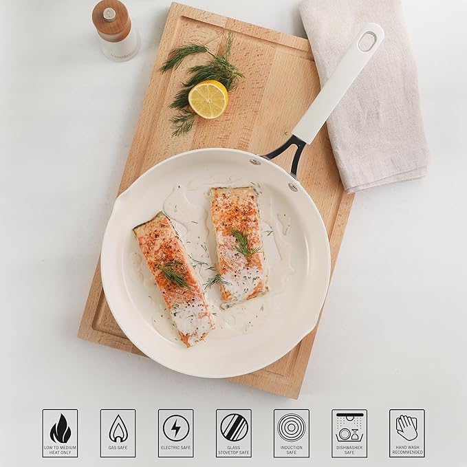 Martha Stewart Heathland 9.5 Inch Aluminum Cookware Non-Toxic Premium Ceramic Non Stick Frying Pan, Kitchen Egg Pan, Omelet, Pots and Pans, Linen White, Induction Safe