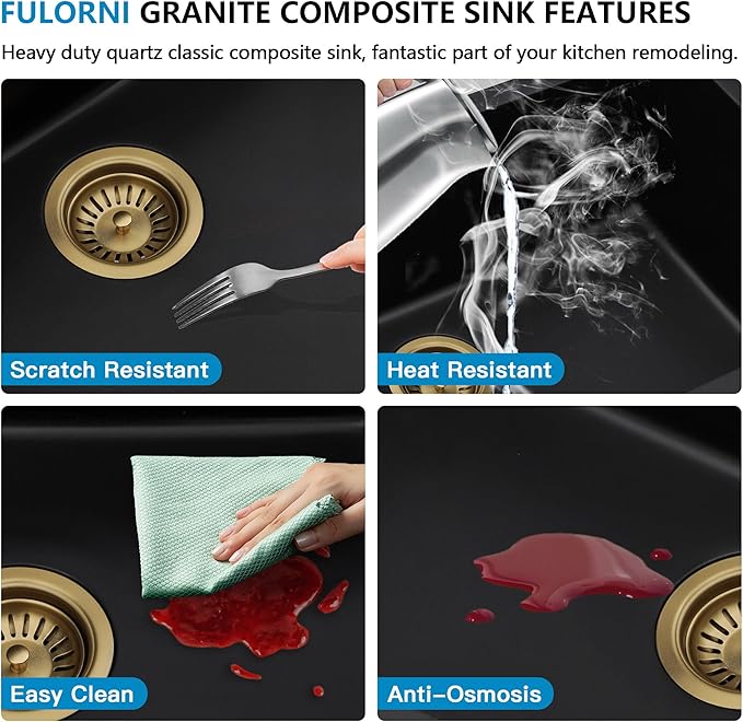 33 Granite Composite Kitchen Sink - Fulorni 33"×19" Granite Kitchen Sink Undermount Matte Black Quartz Classic Under Counter Single Bowl Basin