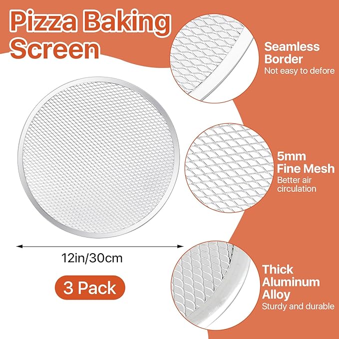 3 Pack Pizza Screen, 12 Inch Pizza Baking Screen, Aluminum Alloy Restaurant Grade Baking Screen for Oven, Round Pizza Crisper Tray, Pizza Mesh Baking Tray for Home Kitchen, BBQ, Seamless