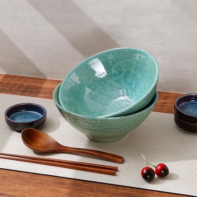 NUTRIUPS 8 Inch Ceramic Ramen Bowl Set of 2 Pho Bowls 40oz Japanese Noodle Udon Soup Bowls with Spoons and Chopsticks (Ice Crack Green)