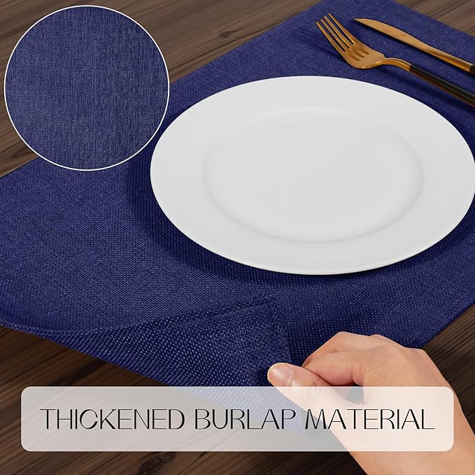 Romanstile Cloth Placemats Set of 6-12 x 18 Inch, Heat Resistant Double Layered Thickened Burlap Place Mats, Washable Faux Linen Farmhouse Table Mats for Kitchen/Dining/Party/Outdoor, Navy Blue