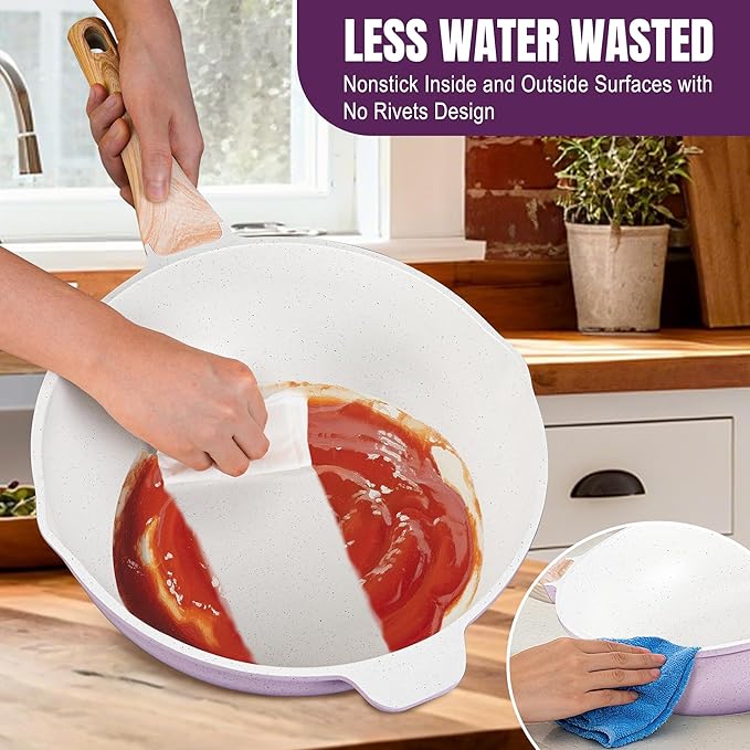 AOSION 12 Inch Nonstick Ceramic Deep Frying Pan,5.5QT Sauté Pan with lid,Large Skillet with Steam Rack,Healthy Jumbo Cooker,Stay Cool Handle,Induction Compatible, PFOA & PFAS Free,Purple.