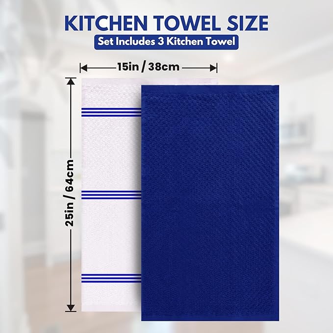 Infinitee Xclusives Premium Kitchen Towels – Pack of 3, 100% Cotton |15 x 25| Inches Absorbent Dish Towels - Terry Kitchen Dishcloth Towels - Blue Dish Cloth for Household Cleaning