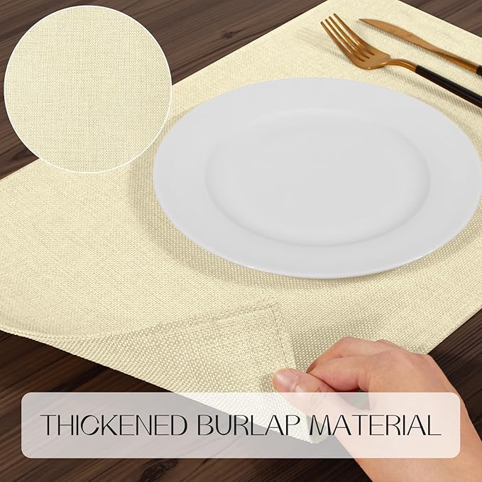 Romanstile Cloth Placemats Set of 4-12 x 18 Inch, Heat Resistant Double Layered Thickened Burlap Place Mats, Washable Linen Farmhouse Table Mats for Kitchen/Dining/Party/Outdoor, Cream