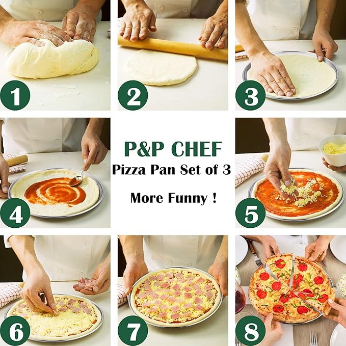 P&P CHEF 12 + 13.5 + 13.5 Inch Pizza Pan, 3 Pieces Stainless Steel Round Pizza Tray Dish Plate For Oven Baking Roasting, Healthy & Heavy Duty, Rust Free & Dishwasher Safe -Silver