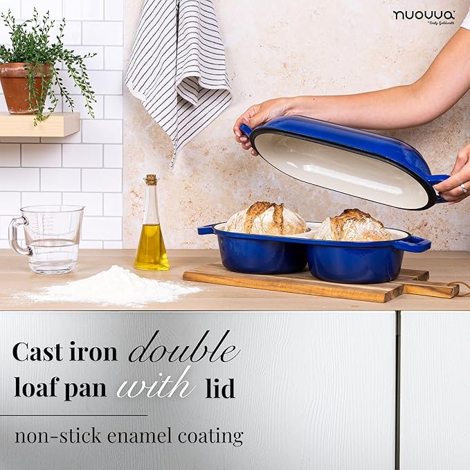 Dutch Oven For Sourdough Bread Baking – Enamelled Cast Iron Bread Loaf Pot – 500°F Oven Safe Non Stick Bread Pot – Double Round Loaf Space, 16.5cm Diameter, Dark Blue, – by Nuovva