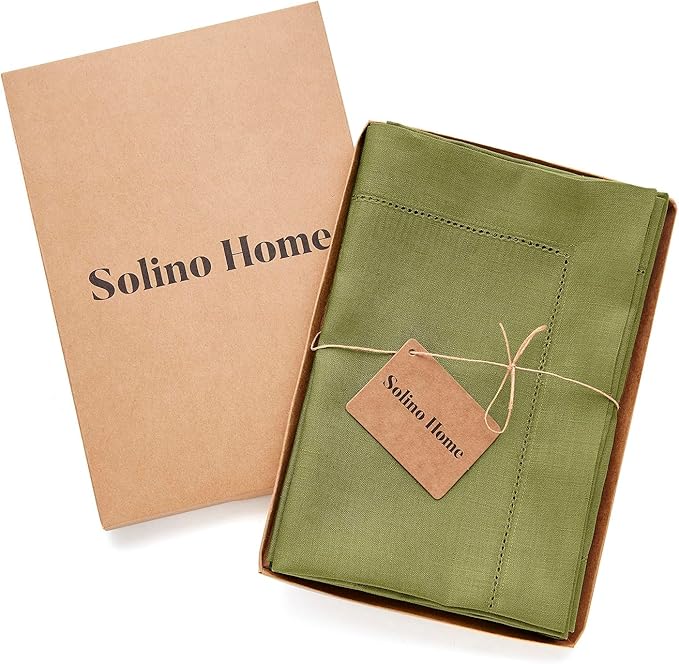 Solino Home Linen Napkins Set of 4 - Classic Hemstitch 100% Pure Linen Avocado Green Dinner Napkins Cloth 20 x 20 Inch for Fall, Autumn, Thanksgiving, Winter - Handcrafted and Machine Washable