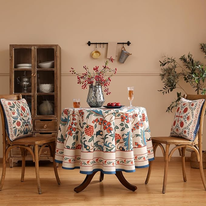 patdrea Designer Floral Linen Table Cloth Durable Breathable Tabletop Cover Dacorative Kitchen Dining Tablecloth for Round Tables for Kitchen Dining Parties,Holiday Christmas,Diameter 67"