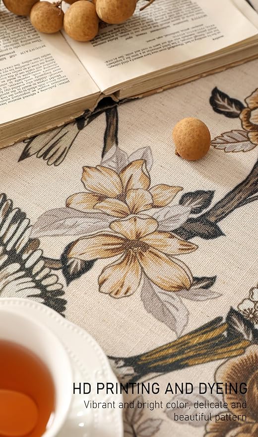 Floral Tablecloth for Round Tables,Linen Table Cloth with Yellow and White Flowers Pattern,Heavy Durable Table Cover for Dining Thanksgiving Kitchen Decor Party Christmas,Diameter 55"