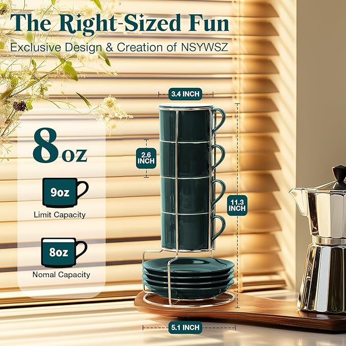 8 Ounce Green Porcelain Stackable Cappuccino Cups with Stainless Steel Holder, Set of 4, Durable Ceramic, Perfect for Home, Office or Gift