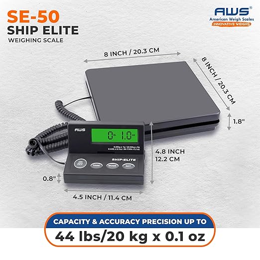 American Weigh Scales Digital Shipping Scale | Highly Accurate Multifunctional Postal Package & Luggage Weighing Scale | 110 lbs x 0.1 oz | Backlit LCD | Battery & AC Adapter | Compact Platform