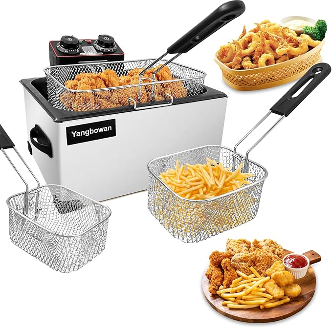Deep Fryer with Basket for Home Use, Yangbowan Electric Deep Fryer 5L 1300W with Time & Temperature Control,3 Frying Baskets, Stainless Steel Lid with Viewing Window and Perfect for Kitchen, Fish Fry