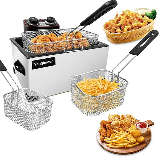 Deep Fryer with Basket for Home Use, Yangbowan Electric Deep Fryer 5L 1300W with Time & Temperature Control,3 Frying Baskets, Stainless Steel Lid with Viewing Window and Perfect for Kitchen, Fish Fry