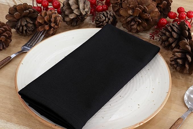 PurpleEssences Set of 12 Cloth Dinner Napkins 100% Cotton 18x18 Inch - Soft Durable Washable - Ideal for Farmhouse Party Christmas Holiday Winter - Perfect Everyday Use Table Linen - Black