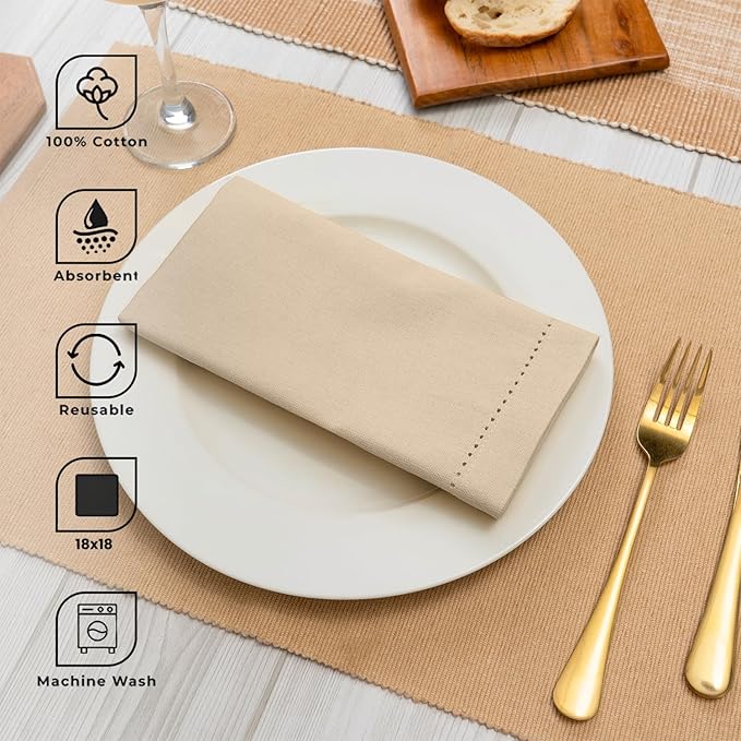 Blue Needles Set of 6 Hemstitch Linen Napkins 100% Cotton Beige Cloth Dinner Napkins 18x18 inches, Soft, Reusable, Absorbent, Washable, Ideal for Fall Thanksgiving Events, Parties & Everyday Use