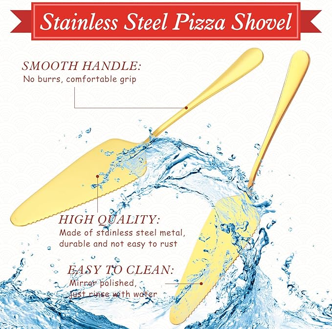 12 Pcs Pizza Stand Set: 4 Metal Stands, 4 Pizza Pans, 4 Spatulas for Weddings, Party(Gold,Square)
