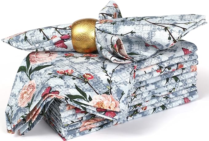 Bedding Craft Cotton Cloth Dinner Napkins Set of 12 – 18x18 Birds Print Design with 1" Fold – Reusable Machine Washable Fabric Napkins for Parties, Dining & Everyday Use