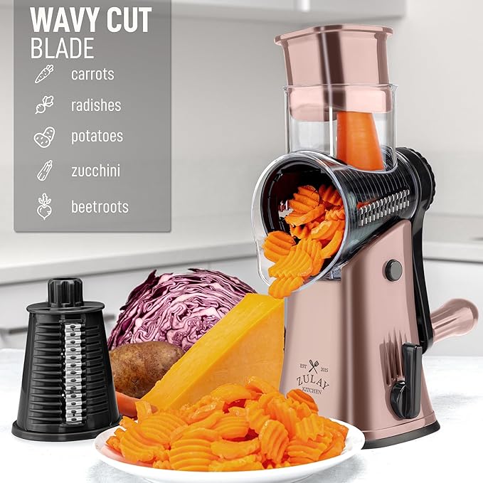 Zulay Kitchen Rotary Cheese Grater 5 Blade Cheese Shredder - Manual Hand Crank Cheese Grater With Reinforced Suction & 5 Interchangeable Drums - Easy to Use, Vegetable Chopper Round Mandoline Slicer